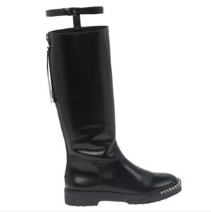 Schutz Cianna Embellished Toe Black Polished Leather Riding Boots Size 6.5B